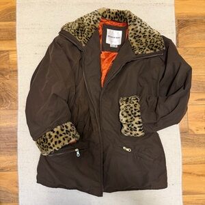Andrew Marc New York Brown Jacket with Leopard Print Fur Details